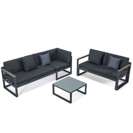 Leisuremod Chelsea Black Sectional With Adjustable Headrest & Coffee Table With Black Two Tone Cushions CSLBL-80BL-BU